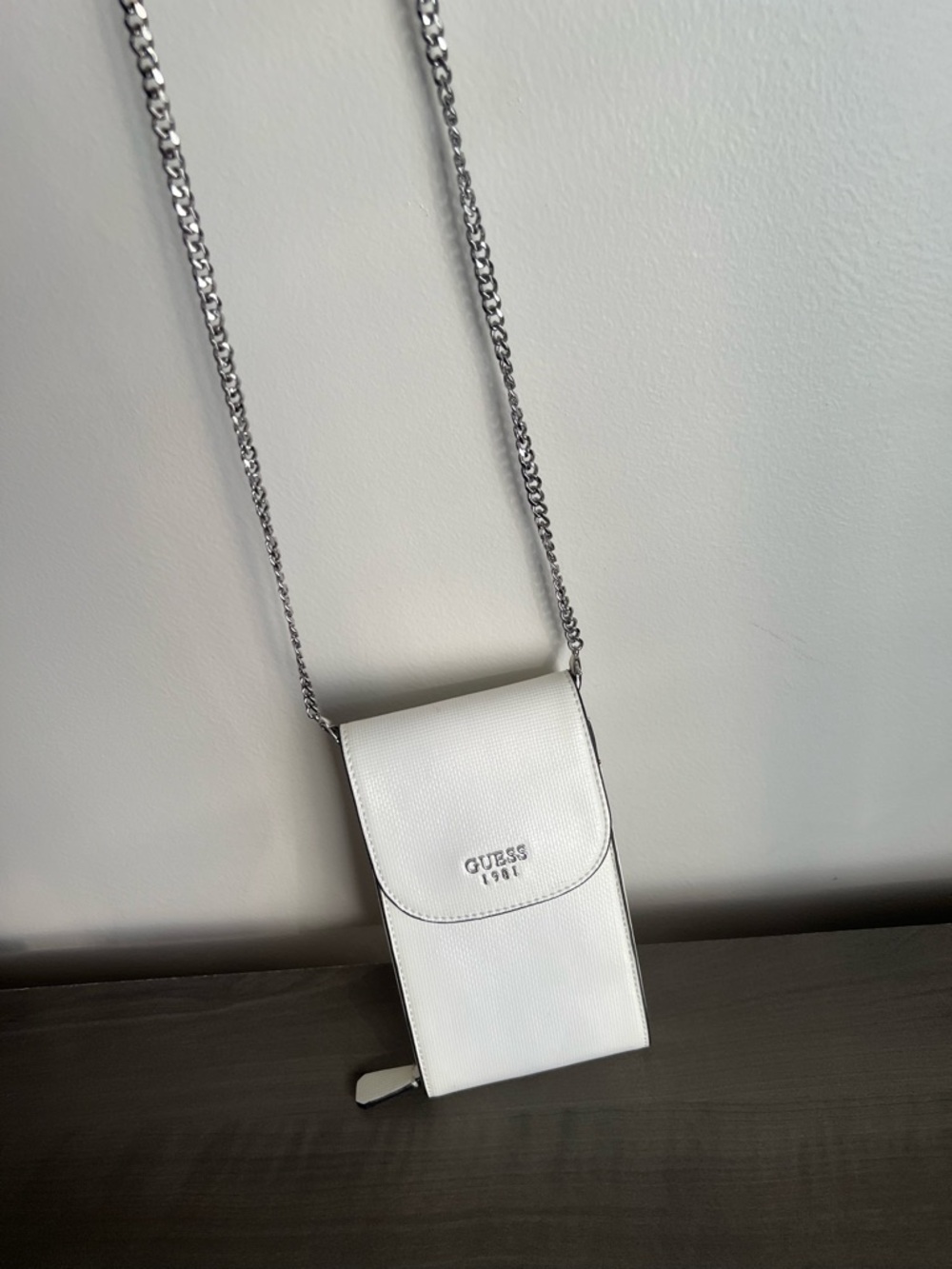 GUESS White Crossbody Phone Pouch with Silver Chain Detail